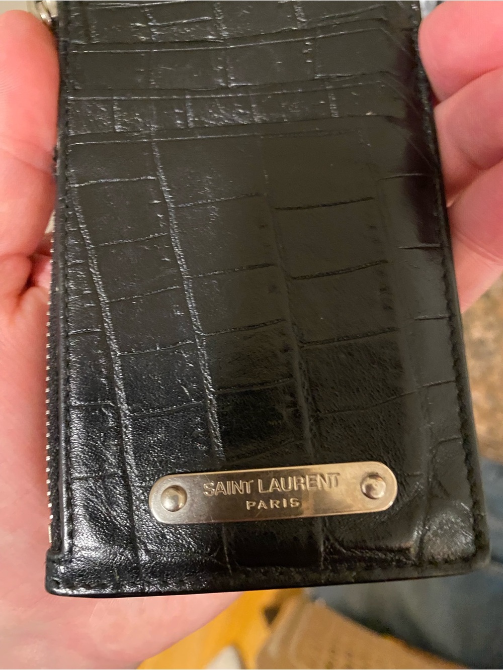 Saint Laurent Black Croc-Embossed Leather Zip Card Case with Gold Logo
